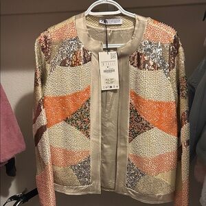 Zara Women's Sequin Blazer in Orange and Cream